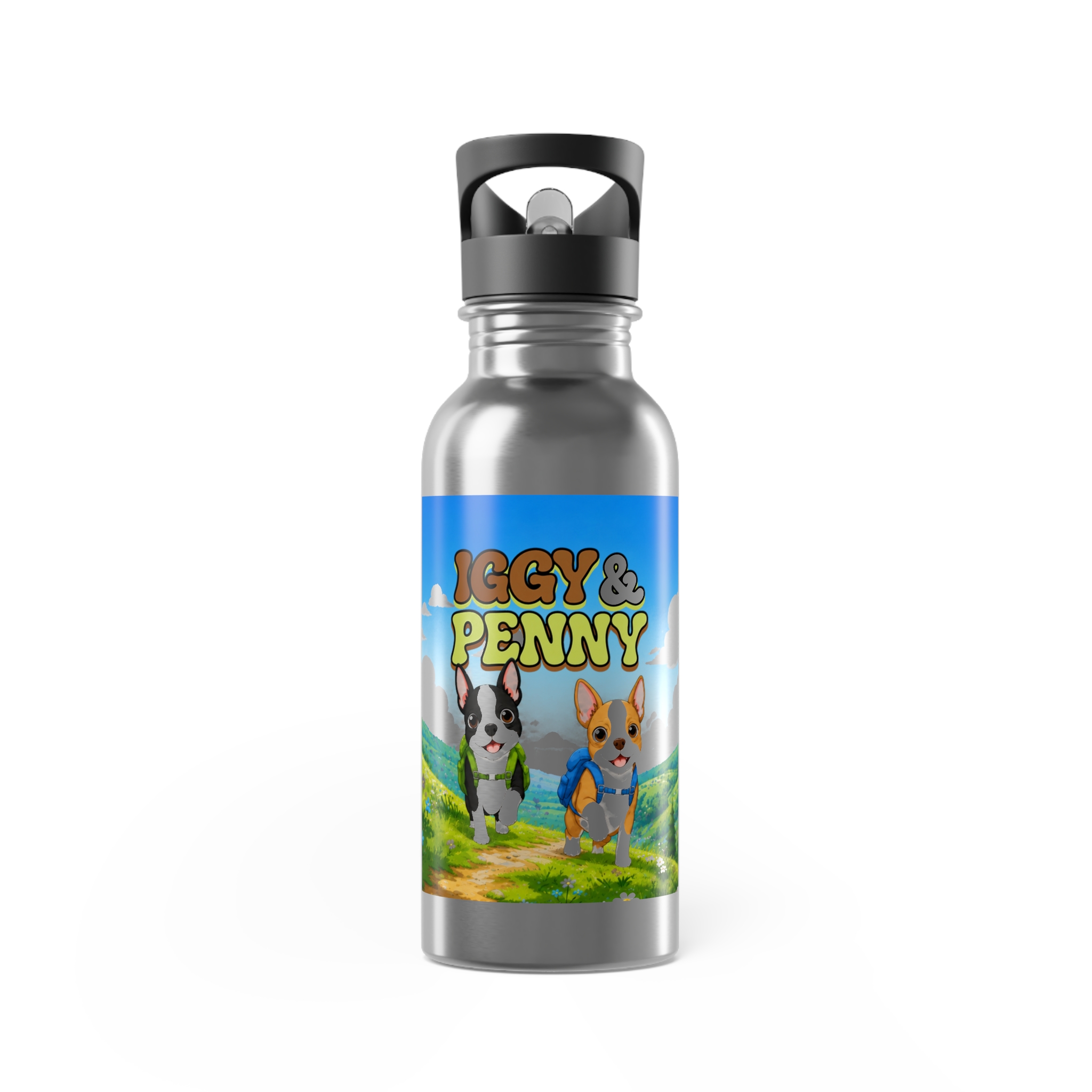 Personalized 20oz Stainless Steel Water Bottle with Straw — 'Iggy & Penny' Cute Cartoon Floral Design