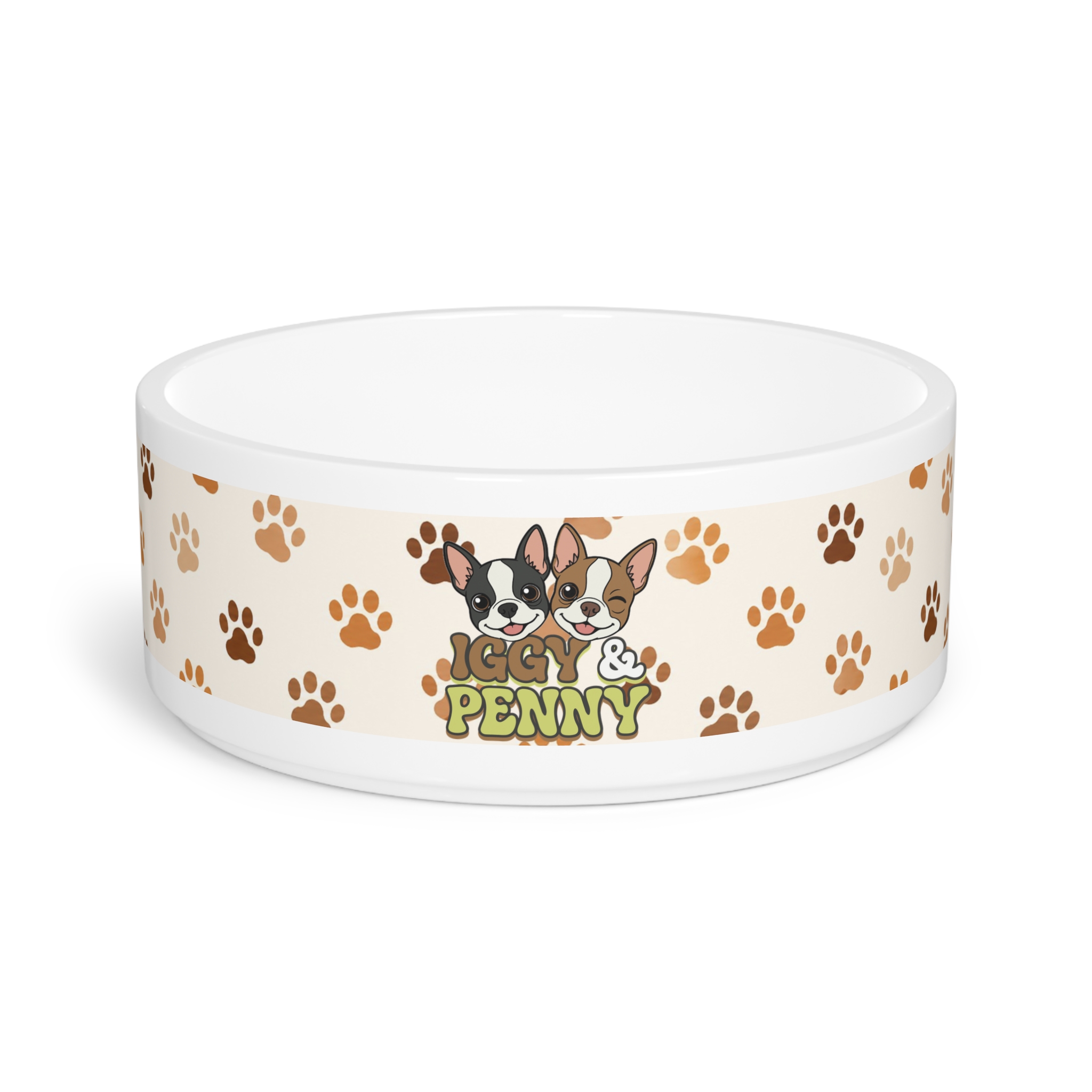 Paw Print Pet Bowl — Beige & Brown Patterned Dog/Cat Feeding Dish